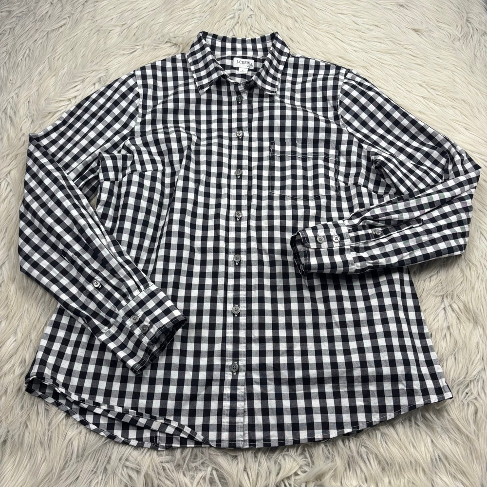 J.Crew Women's L Black White Gingham Plaid Button Front Shirt Preppy Picnic Twee